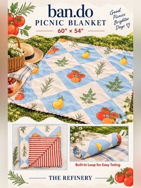 ban.do Blue & White Picnic Blanket with Yellow Pears and Orange Fruit Motifs new